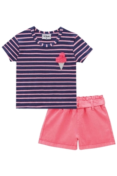 Conjunto Infantil Menina Kukie blusa detalhe de sorvete e shorts em jeans rosa