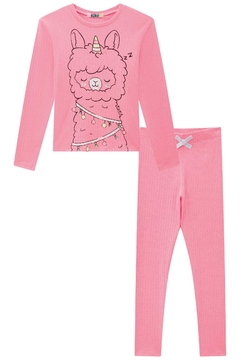 Pijama longo infantil Kukie canelado estampa de Ilhama Unicórnio rosa neon