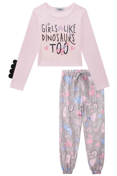 Conjunto infantilo Kukie blusa boxy manga longa e calça Dinossauros menina