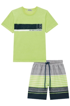 Conjunto infantil menino Lucboo verde neon camiseta MC e bermuda em nylon