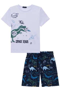 Conjunto infantil menino Lucboo Dinossauros Camiseta MC e bermuda em nylon