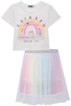 Conjunto Infantil Juvenil Kukie Blusa boxy e saia bordada em paetês e sobreposição em tela tema arco íris Rainbow na internet