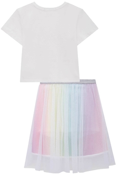 Conjunto Infantil Juvenil Kukie Blusa boxy e saia bordada em paetês e sobreposição em tela tema arco íris Rainbow - Lipe & Lissa Kids Moda Infantil