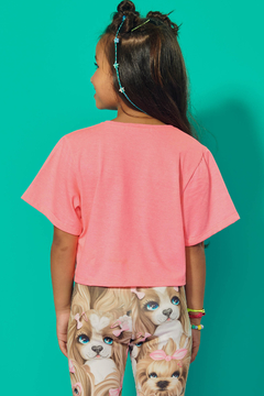 Blusa Infantil e Juvenil Kukie Boxy manga curta rosa neon com aplicação de brilho - comprar online