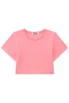 Blusa Infantil e Juvenil Kukie Boxy manga curta rosa neon com aplicação de brilho - Lipe & Lissa Kids Moda Infantil