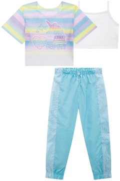 Conjunto Infantil Juvenil Kukie com cropped regata e sobreposição em tela no tema Pop It e calça jogger