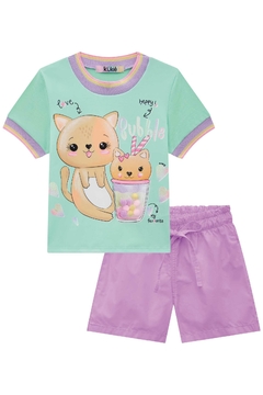 Conjunto Infantil Kukie com shorts em sarja lilás My Favurite com aplicação de pompons