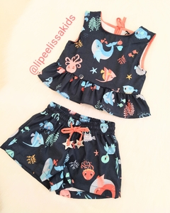 Conjunto Infantil Kukie Verão Fundo do Mar em crepe de seda na internet