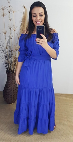 VESTIDO LONGO CIGANINHA COM BABADOS E CINTO AZUL - comprar online