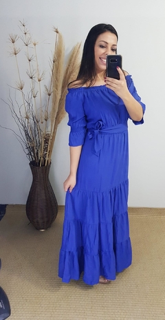 VESTIDO LONGO CIGANINHA COM BABADOS E CINTO AZUL