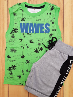 CONJUNTO INFANTIL MENINO TIME KIDS REGATA WAVES E BERMUDA MOLETOM VERÃO