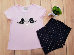 CONJUNTO INFANTIL MENINA BLUSA PASSARINHOS + SHORT POÁ MILON