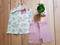 CONJUNTO INFANTIL MENINA BLUSA E SHORT FLOR E PASSARINHO PIPA