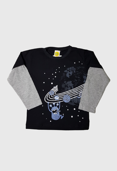 CAMISETA INFANTIL MENINO JAKI MALHAS MANGA LONGA SOBREPOSTA MONSTRO PRETO - comprar online