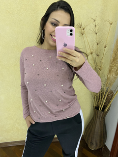 BLUSA MANGA LONGA COM APLIQUE EM PÉROLAS ROSA