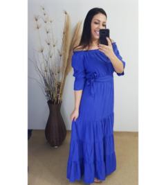 VESTIDO LONGO CIGANINHA COM BABADOS E CINTO AZUL - loja online