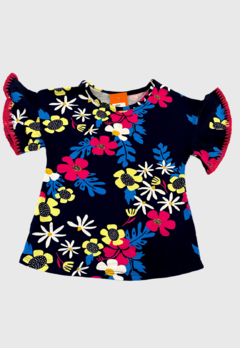 BLUSA INFANTIL MENINA VERÃO ESTAMPADO FLOR NANAI AZUL MARINHO na internet