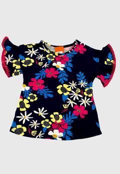 BLUSA INFANTIL MENINA VERÃO ESTAMPADO FLOR NANAI AZUL MARINHO