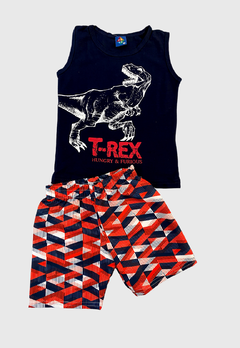 CONJUNTO INFANTIL MENINO CAMISETA + BERMUDA TACTEL VERÃO T-REX PIPA