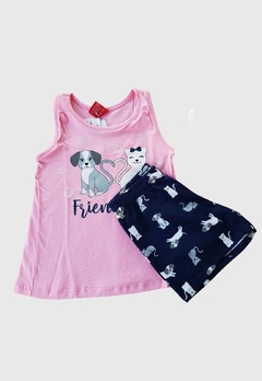 CONJUNTO INFANTIL MENINA REGATA + SHORT DOG E CAT KYLY