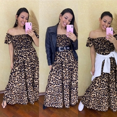 VESTIDO LONGO MANGA CIGANINHA COM LASTEX NO BUSTO ESTAMPADO ANIMAL PRINT ONÇA