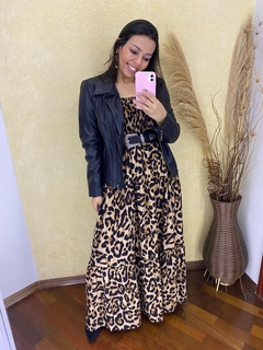 VESTIDO LONGO MANGA CIGANINHA COM LASTEX NO BUSTO ESTAMPADO ANIMAL PRINT ONÇA - comprar online