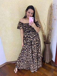 VESTIDO LONGO MANGA CIGANINHA COM LASTEX NO BUSTO ESTAMPADO ANIMAL PRINT ONÇA - loja online