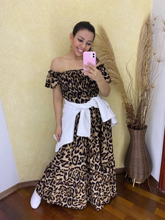 VESTIDO LONGO MANGA CIGANINHA COM LASTEX NO BUSTO ESTAMPADO ANIMAL PRINT ONÇA na internet