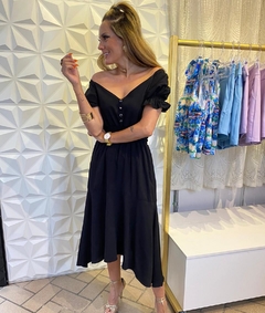 VESTIDO FEMININO MIDI OMBRO A OMBRO PRETO - loja online