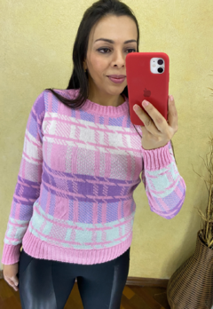 BLUSA FEMININA TRICOT MANGA LONGA PIED POULE XADREZ MODA BLOGUEIRA INVERNO ROSA COM LILÁS na internet