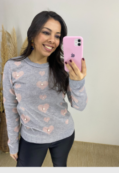 BLUSA FEMININA TRICOT MANGA LONGA CORAÇÃO CINZA COM ROSA