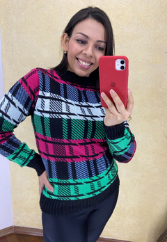 BLUSA FEMININA TRICOT MANGA LONGA PIED POULE XADREZ MODA BLOGUEIRA INVERNO PRETO VERDE PINK