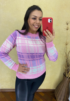 BLUSA FEMININA TRICOT MANGA LONGA PIED POULE XADREZ MODA BLOGUEIRA INVERNO ROSA COM LILÁS - Loja online - moda feminina e infantil - LOJA FLORBELLE