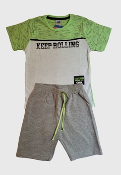 CONJUNTO INFANTIL MENINO MARLAN CAMISETA E BERMUDA KEEP ROLLING VERDE - Loja online - moda feminina e infantil - LOJA FLORBELLE