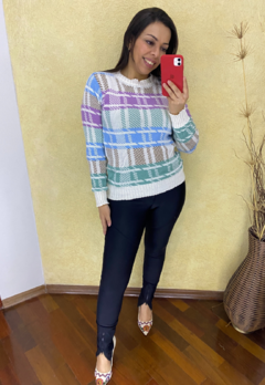 BLUSA FEMININA TRICOT MANGA LONGA PIED POULE XADREZ MODA BLOGUEIRA INVERNO OFF VERDE LILAS na internet