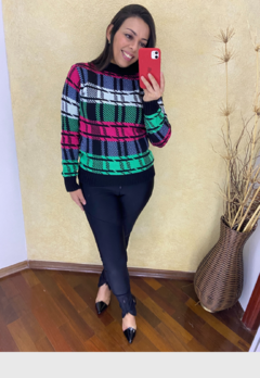 BLUSA FEMININA TRICOT MANGA LONGA PIED POULE XADREZ MODA BLOGUEIRA INVERNO PRETO VERDE PINK - comprar online