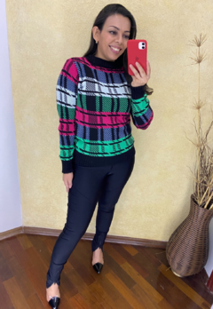 BLUSA FEMININA TRICOT MANGA LONGA PIED POULE XADREZ MODA BLOGUEIRA INVERNO PRETO VERDE PINK na internet