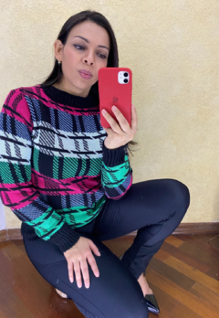 BLUSA FEMININA TRICOT MANGA LONGA PIED POULE XADREZ MODA BLOGUEIRA INVERNO PRETO VERDE PINK - loja online