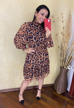 VESTIDO FEMININO CURTO MANGA LONGA TULE ESTAMPA ONÇA ANIMAL PRINT - comprar online