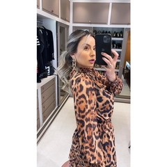 VESTIDO FEMININO CURTO MANGA LONGA TULE ESTAMPA ONÇA ANIMAL PRINT - loja online