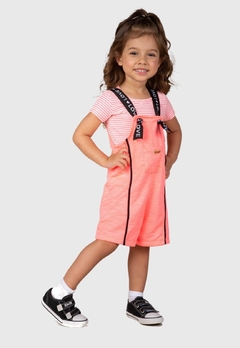 JARDINEIRA INFANTIL MENINA ALEKIDS E BLUSA NEON ROSA