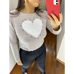 BLUSA FEMININA MANGA LONGA CORAÇÃO APLIQUE EM PÉROLAS MESCLA - Loja online - moda feminina e infantil - LOJA FLORBELLE