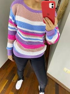 BLUSA FEMININA TRICOT MANGA LONGA LISTRADA AZUL LILAS ROSA na internet