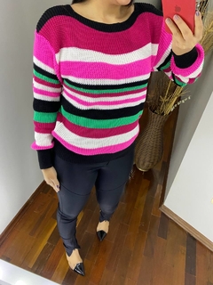 BLUSA FEMININA TRICOT MANGA LONGA LISTRADA ROSA VERDE PRETA na internet