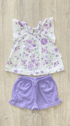 Conjunto Mimo - Talle S (3/6m) - flores lila