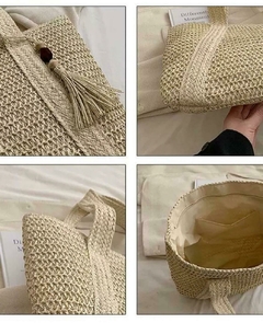 Bolsa De Palha Grande Verão De Ombro Com Chaveiro, Fechamento De Zíper