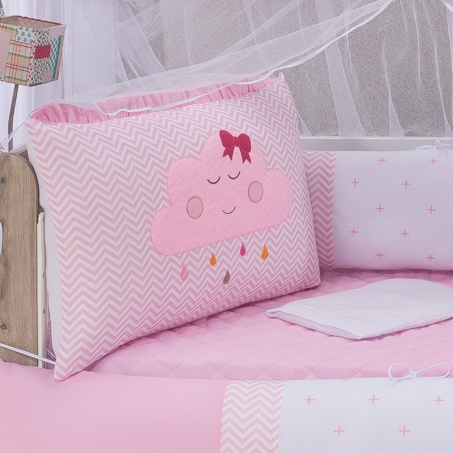 Kit Mini Berço Trança Para Bebe Menina Nuvem Rosa 7 Peças