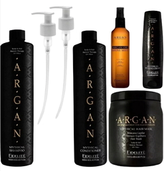 Combo 1 Shampoo Argán x 900 ml + 1 Conditioner Argán x 900 ml + 1 Brillo Argán x 120 ml + 1 Crema de Peinado Argán x 250 g + 1 Máscara Argán x 1000 g + 2 Bombas - Fidelité