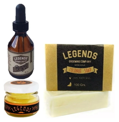 Combo 1 Beard Oil - Aceite para Barba Fragancia Coco x 30 ml + Mo Wax - Cera para Modelar Bigote x 20 g + 1 Jabón Exfoliante de Coco x 100 g - Legends