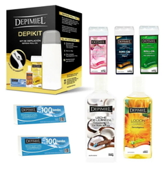 Combo 1 Depikit - Kit Depilatorio A Roll - On x 1 unid + 2 Bandas de Papel para Retirar Cera x 100 unid + 1 Cera Roll - On Suave x 100 g + 1 Cera Roll - Negra x 100 g + 1 Cera Roll - On Alta Adherencia x 100 g + 1 Leche de Limpieza Post Depilatorio x 500 cc + 1 Loción Pre - Depilatoria Dermohigiénica x 500 cc - Depimiel